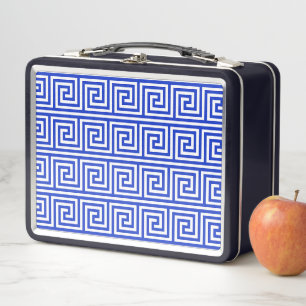 Greek Meander Key Squares Pattern Blue Metal Lunch Box