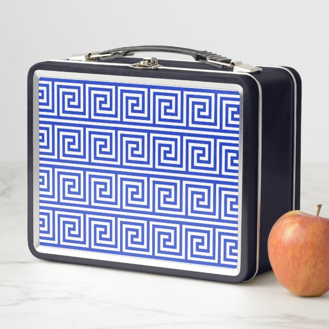 Greek Meander Key Squares Pattern Blue Metal Lunch Box (In Situ)