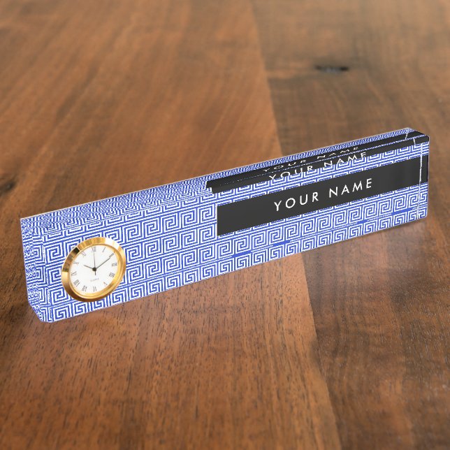 Greek Meander Key Squares Pattern Blue Nameplate (Side)