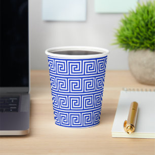 Greek Meander Key Squares Pattern Blue Paper Cups