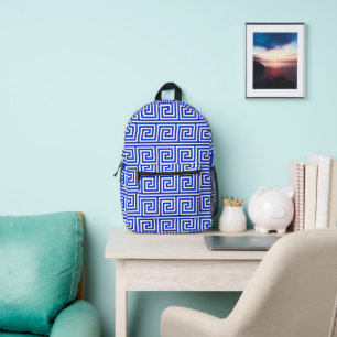 Greek Meander Key Squares Pattern Blue Printed Backpack