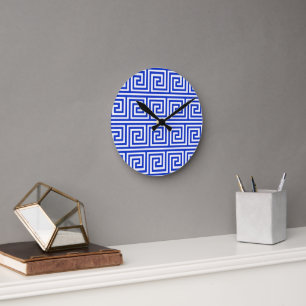 Greek Meander Key Squares Pattern Blue Round Clock
