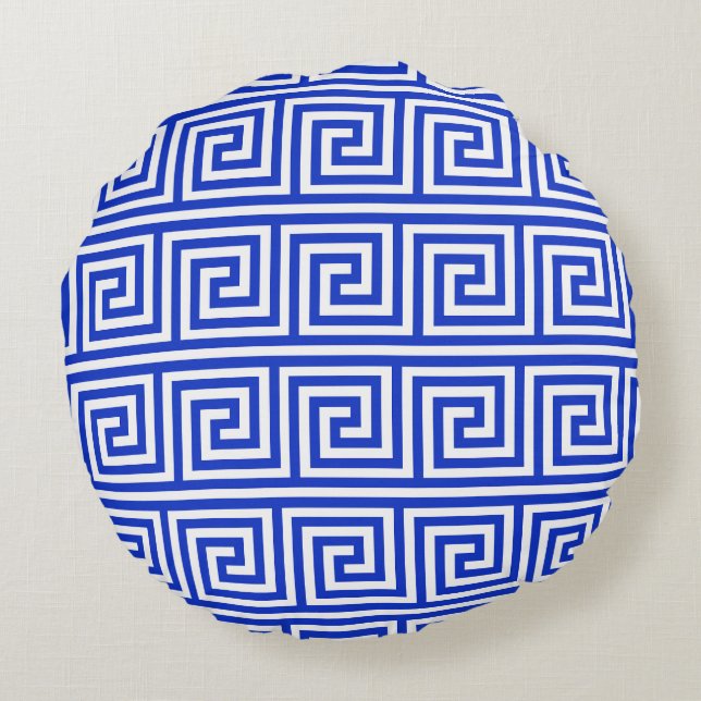 Greek Meander Key Squares Pattern Blue Round Cushion (Back)