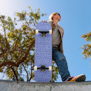 Greek Meander Key Squares Pattern Blue Skateboard