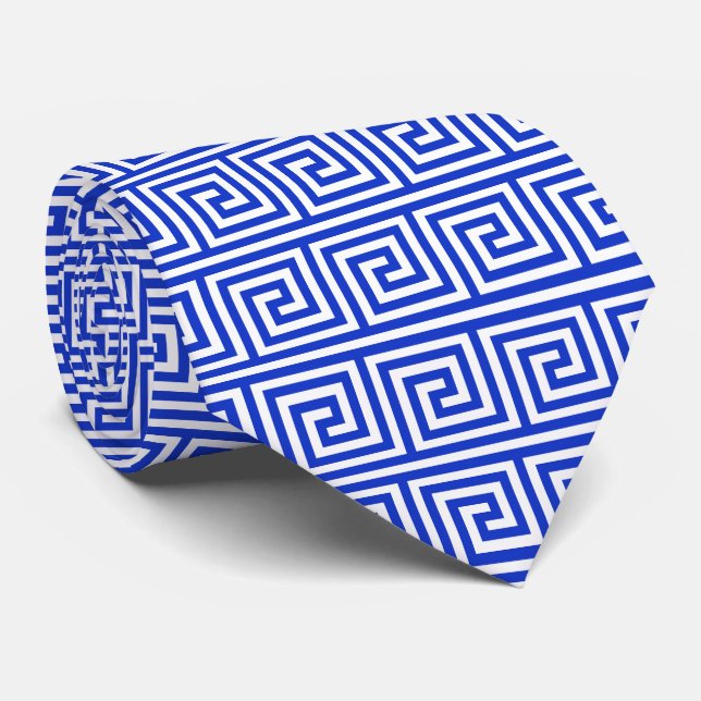 Greek Meander Key Squares Pattern Blue Tie (Rolled)