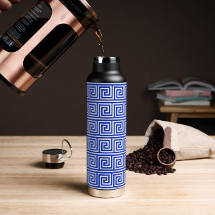 Greek Meander Key Squares Pattern Blue Water Bottle