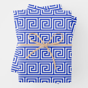 Greek Meander Key Squares Pattern Blue Wrapping Paper Sheet