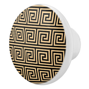 Greek Meander Key Squares Pattern Brown Ceramic Knob