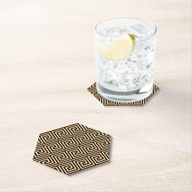Greek Meander Key Squares Pattern Brown Paper Coaster (Insitu)