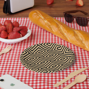 Greek Meander Key Squares Pattern Brown Paper Plate