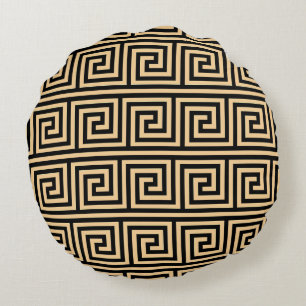 Greek Meander Key Squares Pattern Brown Round Cushion