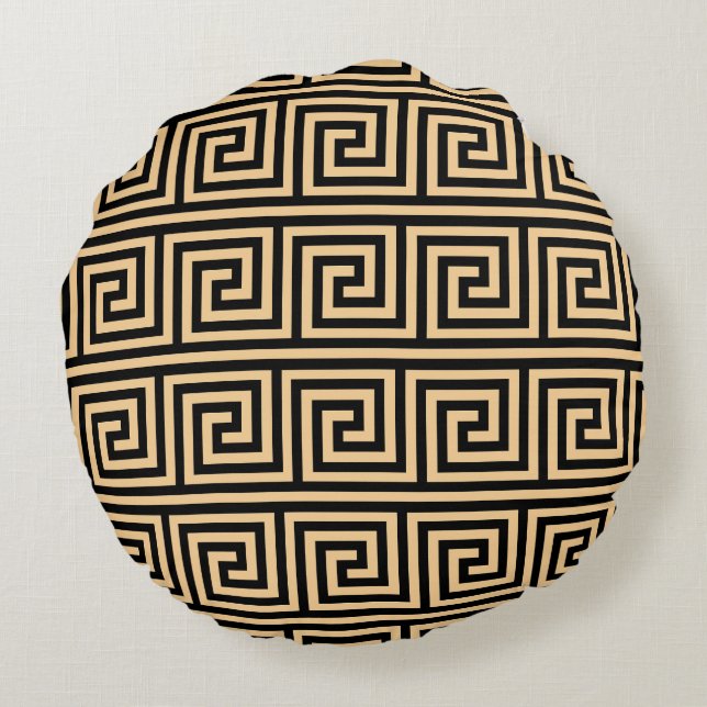 Greek Meander Key Squares Pattern Brown Round Cushion (Back)