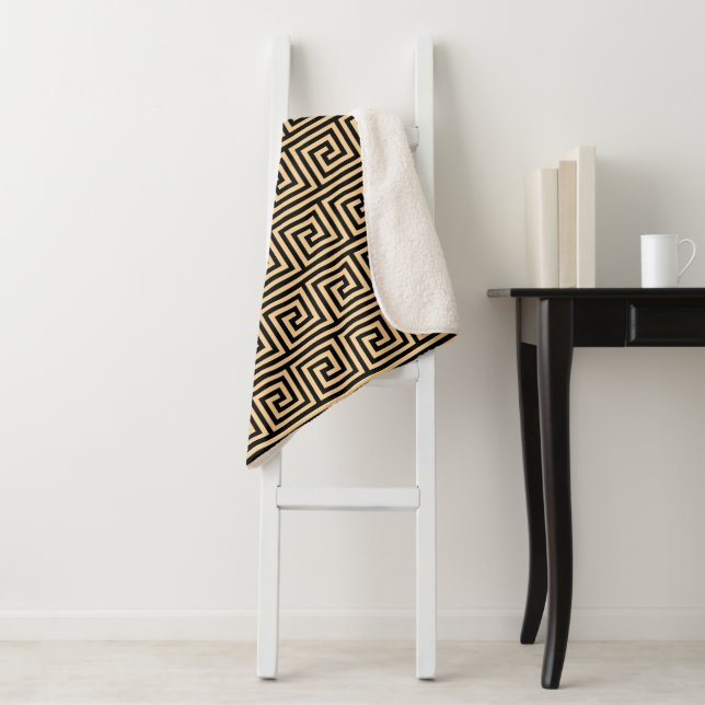 Greek Meander Key Squares Pattern Brown Sherpa Blanket (In Situ)