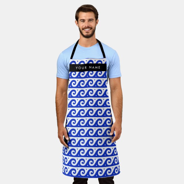 Greek Meander Key, Wave Key, Blue, Your Name Apron (Worn)