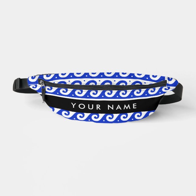 Greek Meander Key, Wave Key, Blue, Your Name Bum Bags (Front)