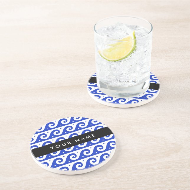 Greek Meander Key, Wave Key, Blue, Your Name Coaster (Side)