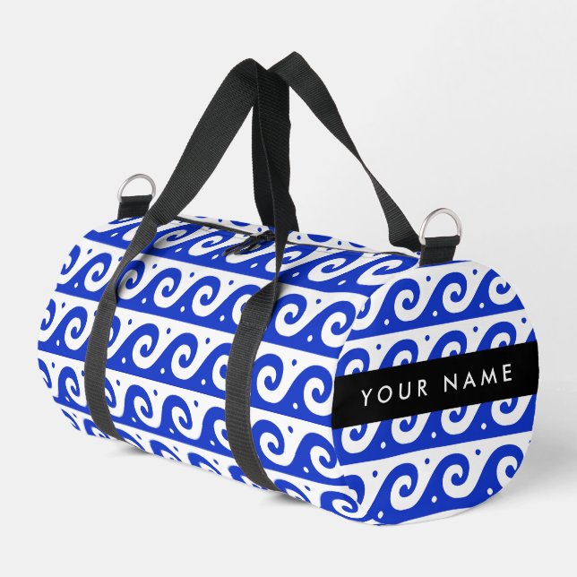 Greek Meander Key, Wave Key, Blue, Your Name Duffle Bag (Left Corner)