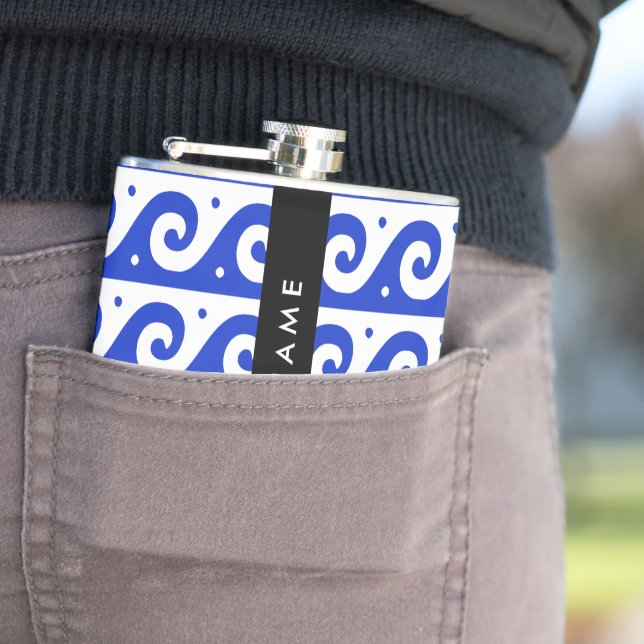 Greek Meander Key, Wave Key, Blue, Your Name Hip Flask (In Situ)