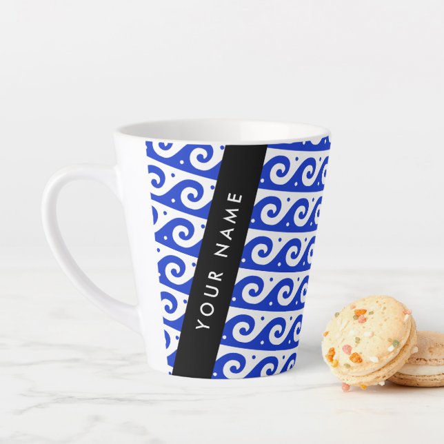 Greek Meander Key, Wave Key, Blue, Your Name Latte Mug (In Situ)