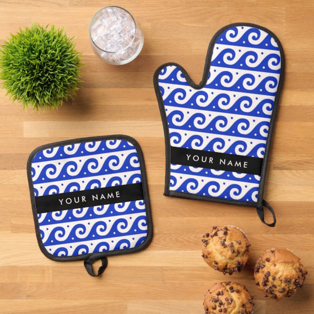 Greek Meander Key, Wave Key, Blue, Your Name Oven Mitt & Pot Holder Set (Top Down)