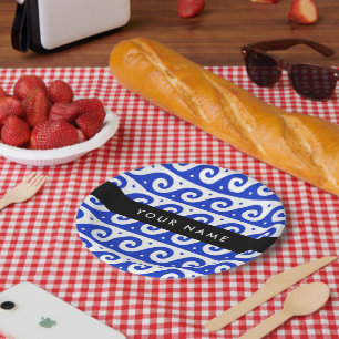 Greek Meander Key, Wave Key, Blue, Your Name Paper Plate