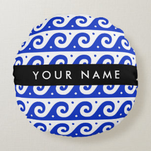 Greek Meander Key, Wave Key, Blue, Your Name Round Cushion