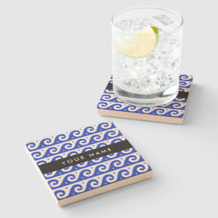 Greek Meander Key, Wave Key, Blue, Your Name Stone Coaster