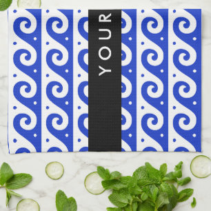 Greek Meander Key, Wave Key, Blue, Your Name Tea Towel
