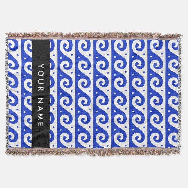 Greek Meander Key, Wave Key, Blue, Your Name Throw Blanket (Front)
