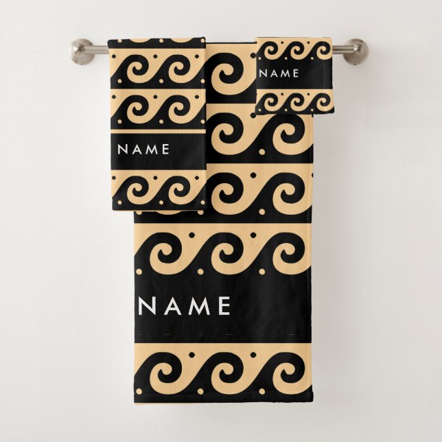Greek Meander Key, Wave Key, Brown, Your Name Bath Towel Set (Insitu)