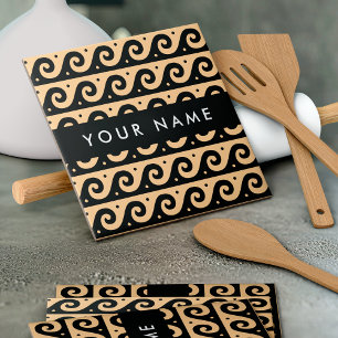 Greek Meander Key, Wave Key, Brown, Your Name Ceramic Tile