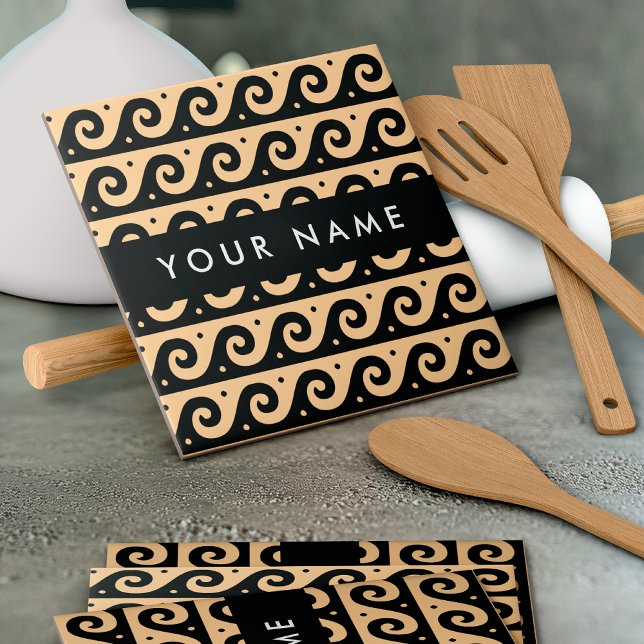 Greek Meander Key, Wave Key, Brown, Your Name Ceramic Tile (Creator Uploaded)