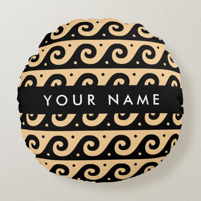Greek Meander Key, Wave Key, Brown, Your Name Round Cushion (Front)
