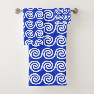 Greek Meander Key Waves Pattern Blue Bath Towel Set