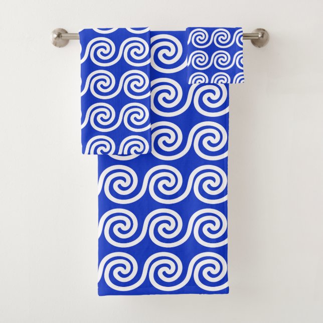 Greek Meander Key Waves Pattern Blue Bath Towel Set (Insitu)