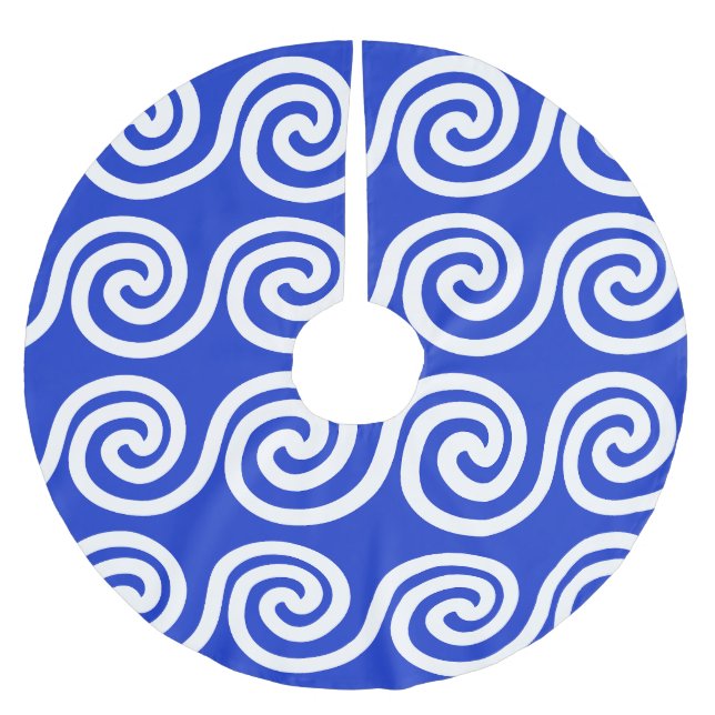 Greek Meander Key Waves Pattern Blue Brushed Polyester Tree Skirt (Front)