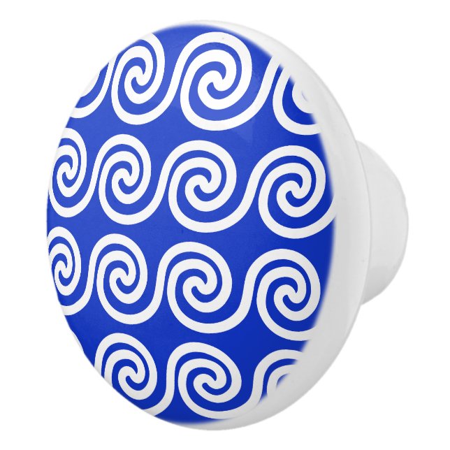 Greek Meander Key Waves Pattern Blue Ceramic Knob (Right)