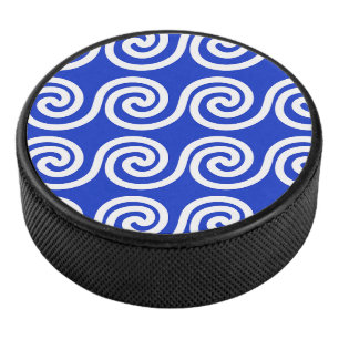 Greek Meander Key Waves Pattern Blue Hockey Puck
