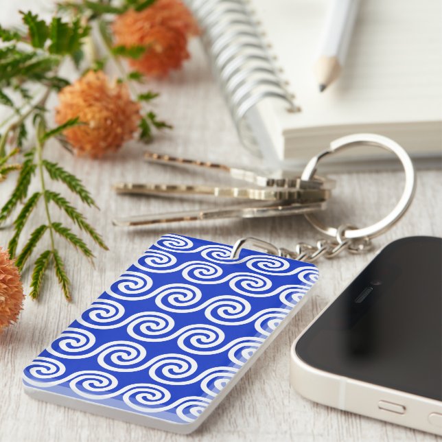 Greek Meander Key Waves Pattern Blue Key Ring (Front Right)