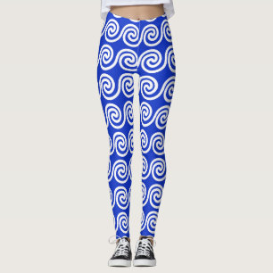 Greek Meander Key Waves Pattern Blue Leggings