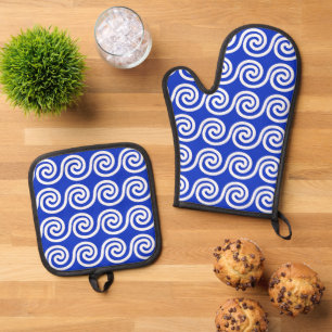 Greek Meander Key Waves Pattern Blue Oven Mitt & Pot Holder Set