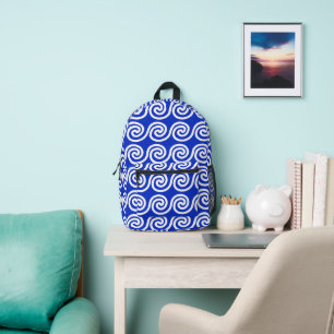 Greek Meander Key Waves Pattern Blue Printed Backpack