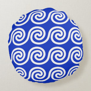 Greek Meander Key Waves Pattern Blue Round Cushion