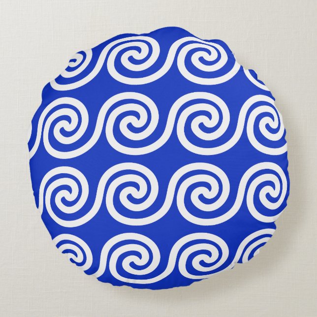 Greek Meander Key Waves Pattern Blue Round Cushion (Back)