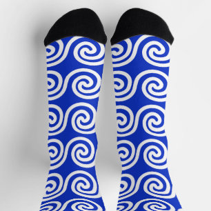 Greek Meander Key Waves Pattern Blue Socks