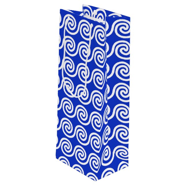 Greek Meander Key Waves Pattern Blue Wine Gift Bag (Back Angled)