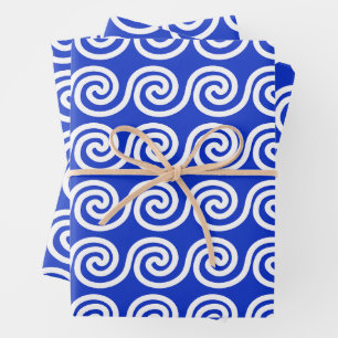 Greek Meander Key Waves Pattern Blue Wrapping Paper Sheet