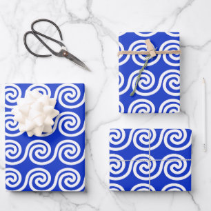 Greek Meander Key Waves Pattern Blue Wrapping Paper Sheet