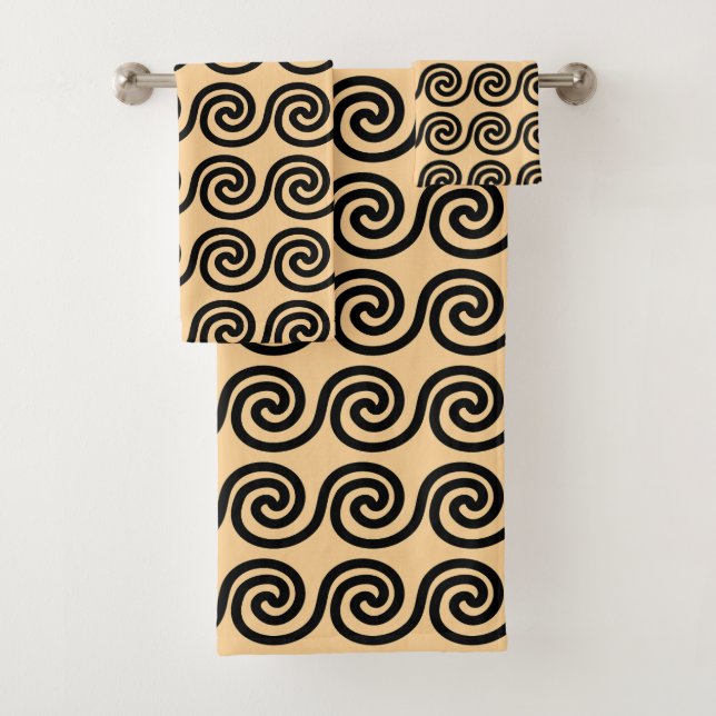 Greek Meander Key Waves Pattern Brown Bath Towel Set (Insitu)
