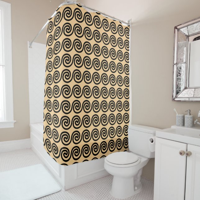Greek Meander Key Waves Pattern Brown Shower Curtain (In Situ)